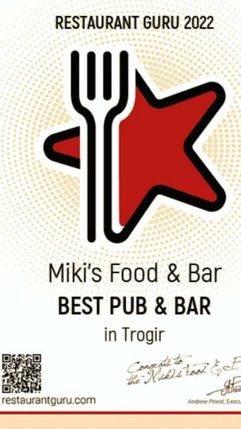 Restaurant Guru 2022 Best Pub and Bar award for Miki's Food & Bar in Trogir