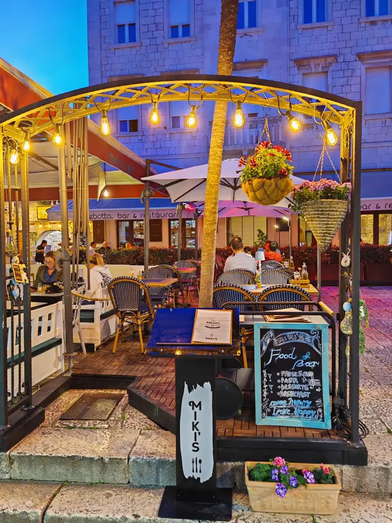 Blue hour terrace front at Miki's Food & Bar Trogir