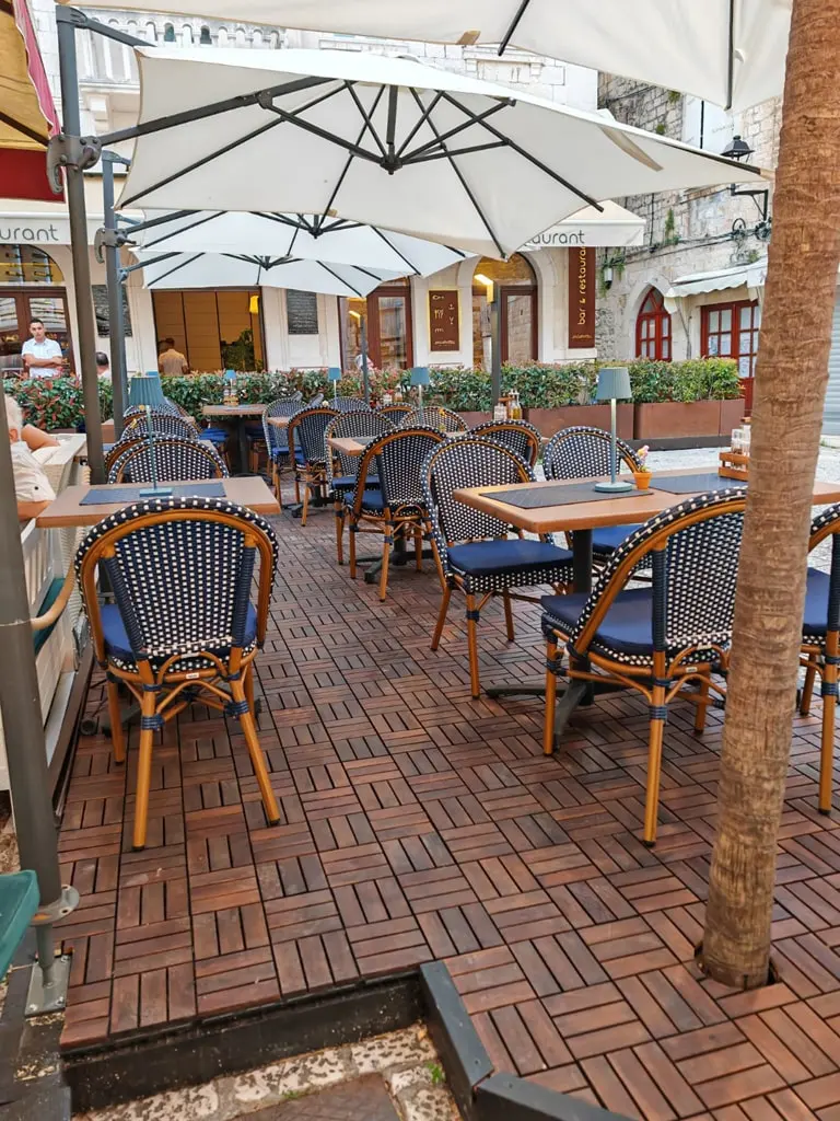 Covered terrace seating at Miki's Food & Bar in Trogir old town