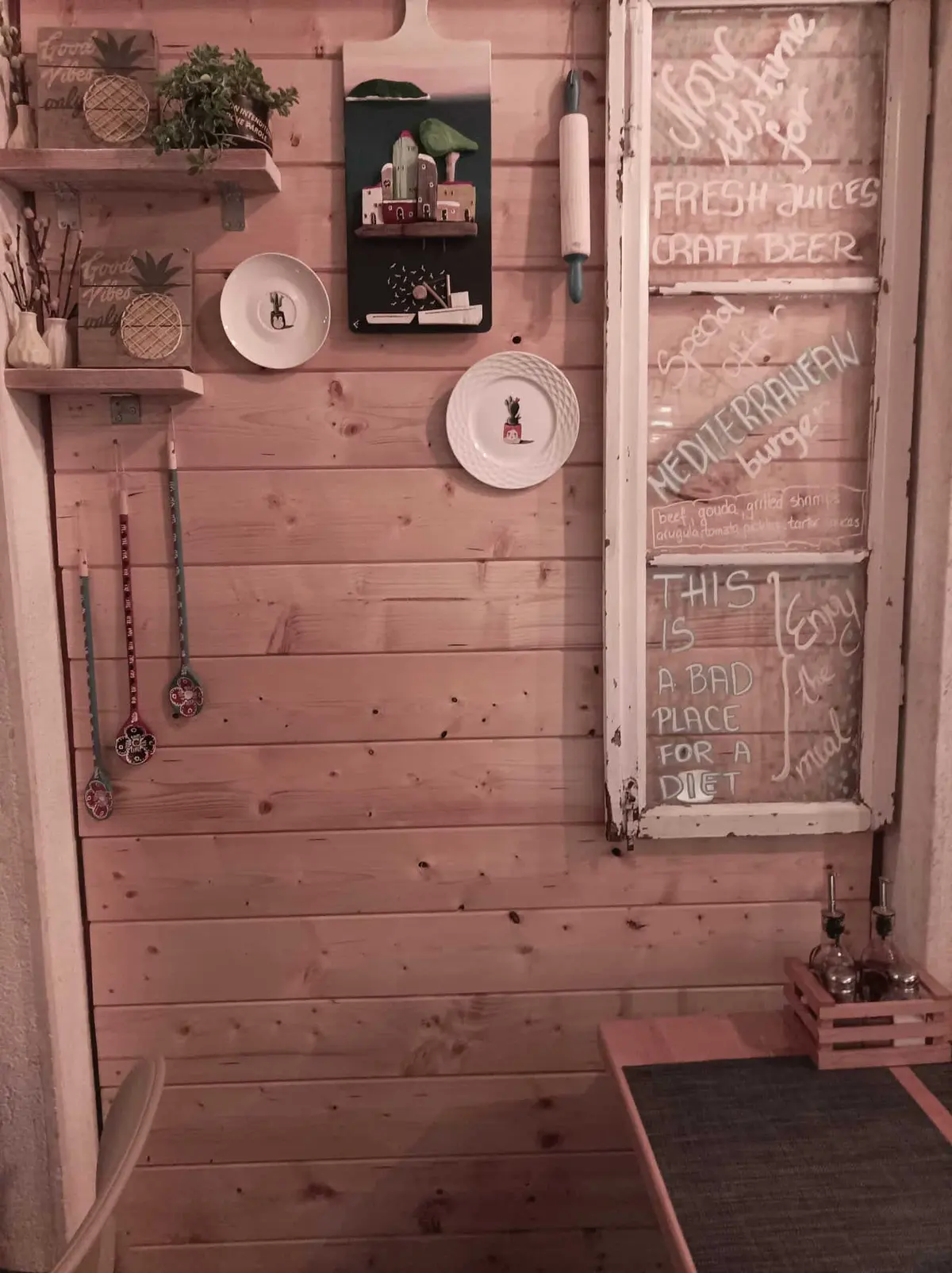 Wood wall restaurant detail at Miki's Food & Bar Trogir